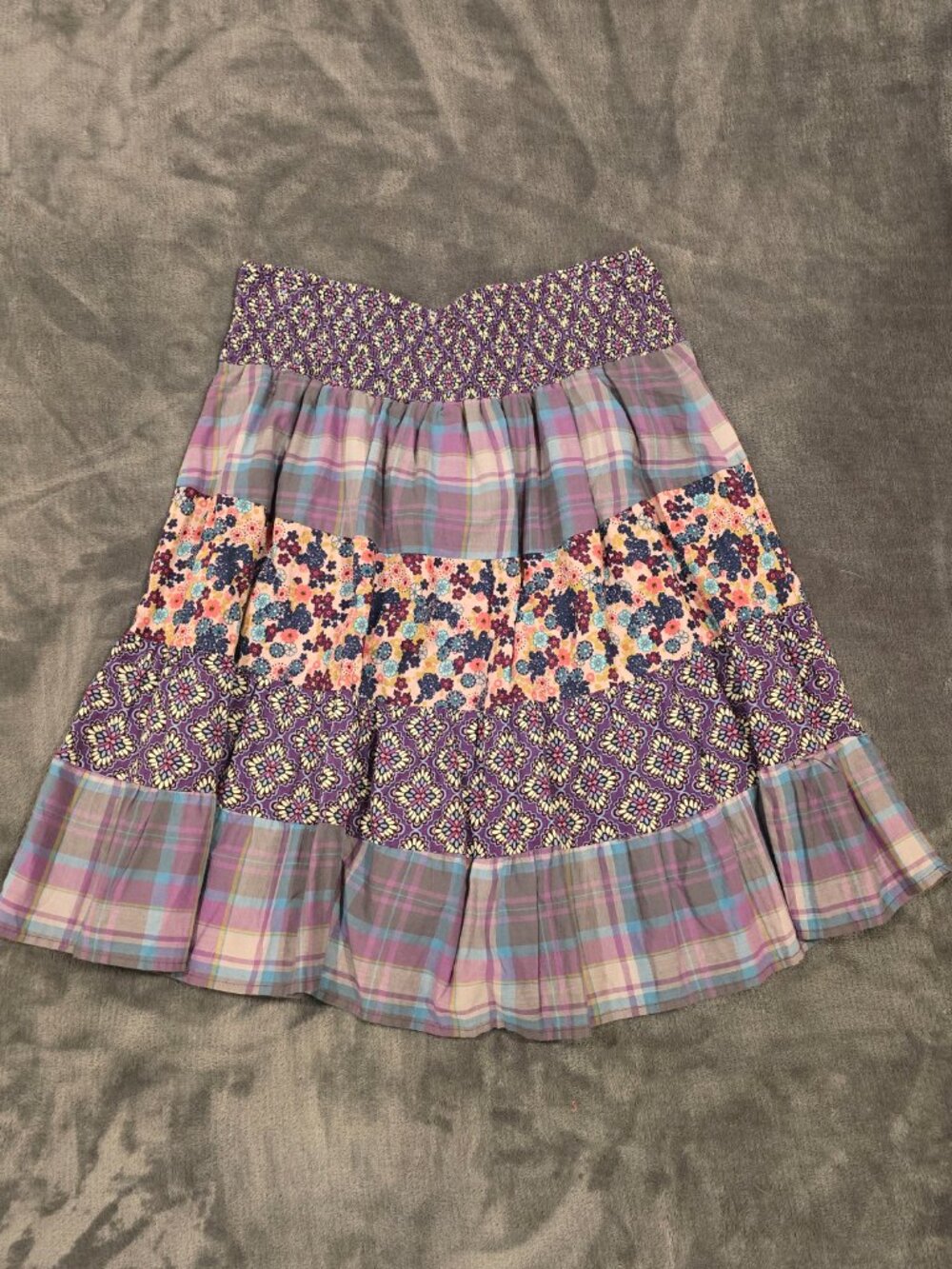 Mossimo Supply Co. Purple Floral Plaid Patchwork Tiered Skirt – Smocked Waist –